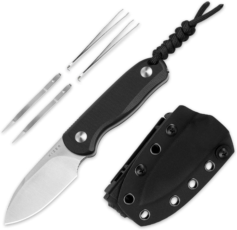 KIZER Drop Bear Fixed Blade Knife, 2.57" D2 Satin Blade EDC Camping Knife with Black G10 Handle and Hidden Tools, Outdoor Full Tang Hunting Survival Knives with Adjustable Kydex Sheath, 1094M2 - Image 1